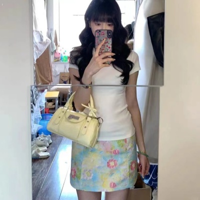 【裙子+上衣】韩系白色正肩短袖显瘦T恤小碎花半身裙女高腰A字裙