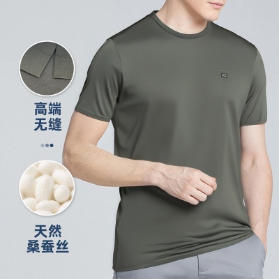 男式男装桑蚕丝T恤舒适天丝圆领短袖中老年男装爸爸装夏
