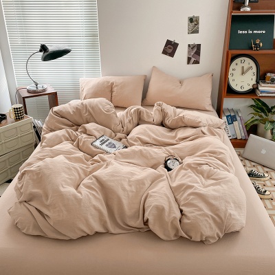 A类水洗棉可裸睡床上四件套纯色亚麻被套床单床笠学生宿舍三件套