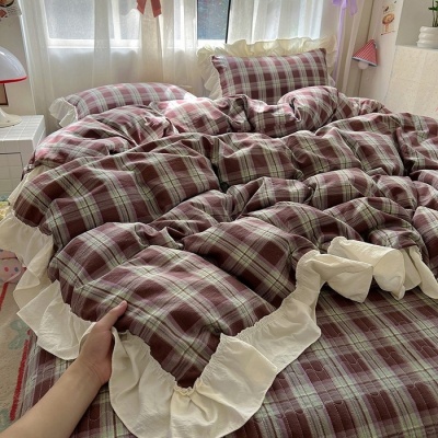 法式公主风皱皱纱床盖四件套复古格子荷叶花边被套夹棉床盖三件套