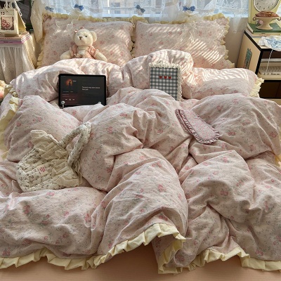 A类春夏法式皱皱纱花边四件套少女心全棉被套大学生宿舍床上用品