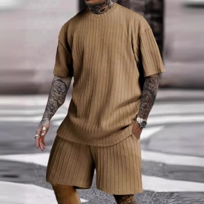 2024亚马逊爆款男款运动套装纯色圆领套头竖纹T恤短裤两件套套装
