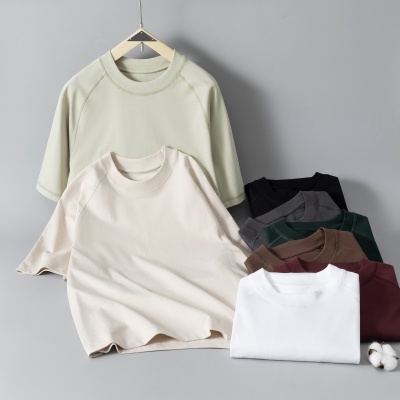 日系300克重磅插肩纯棉短袖t恤男高品质纯色宽松休闲上衣定制跨境