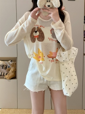 罩衫女夏薄款松弛感小狗印花T恤女防晒罩衫2025夏季薄款打底上衣