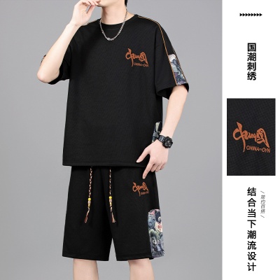 M-8XL新款加肥加大码运动休闲男刺绣套装夏季潮胖子宽松短袖套装
