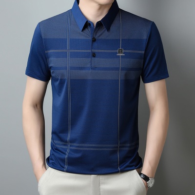 2023新款夏季男士冰丝POLO衫中年商务休闲时尚潮流男装条纹t恤男