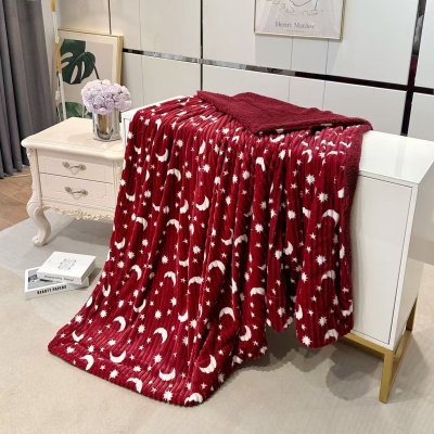 跨境新款星月抽条羊羔绒双层毛毯法兰绒毯子办公室午睡盖毯空调被