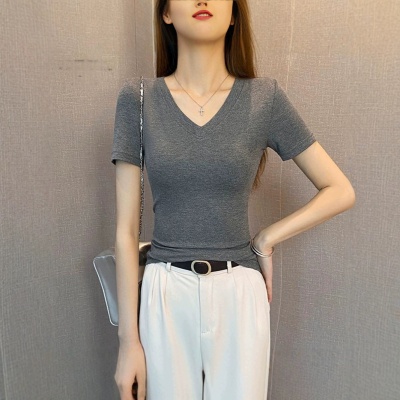 纯色螺纹V领短袖t恤女春夏2025年新款低领修身打底衫百搭显瘦上衣