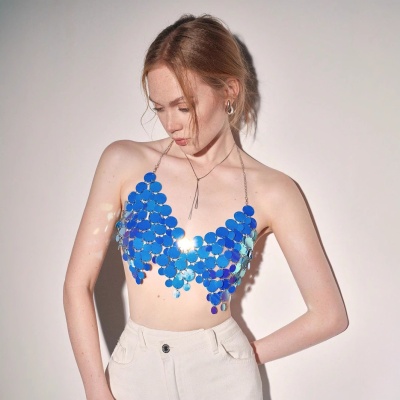 2023欧美新款ins工厂直销夜店性感亮片露背链条女装背心