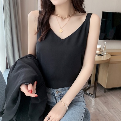 雪纺吊带背心女2024夏季v领双层宽松显瘦外穿内搭白色打底衫上衣