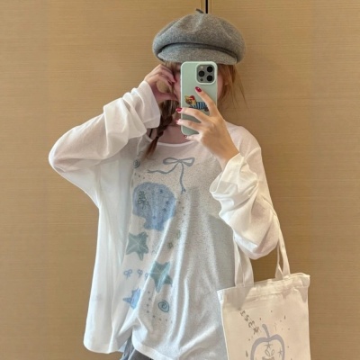 小众印花长袖防晒罩衫T恤女夏季设计感个性可爱宽松百搭薄款上衣