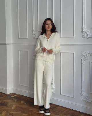 欧美跨境热卖安哥拉红毛衣套装拉链上衣外套+阔腿裤针织休闲女装