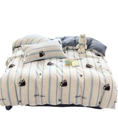 床上四件套纯水洗棉全被套罩宿舍单人学生床品床单条纹猫三件套