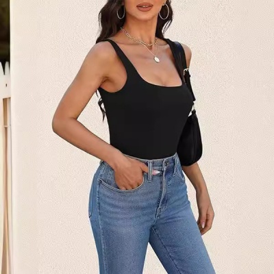 跨境欧美女t恤2024新款夏季时尚无袖马甲方领背心修身螺纹短上衣