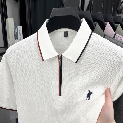 男士夏季新款半拉链时尚拼色刺绣男polo短袖中青年高端韩版休闲T