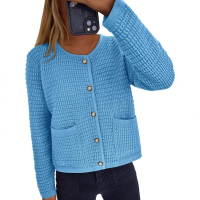 亚马逊跨境欧美女装秋冬新款爆款圆领长袖外套毛衣针织开衫上衣女