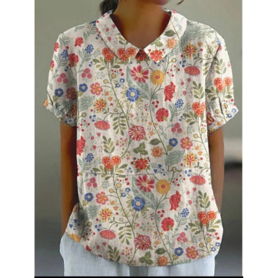 跨境外贸2024夏季女装新款亚马逊宽松印花圆领休闲大码套头女装T