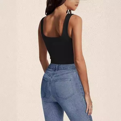 跨境欧美女t恤2024新款夏季时尚无袖马甲方领背心修身螺纹短上衣