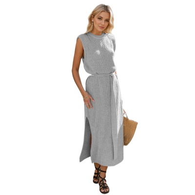 2025春秋新款欧美亚马逊纯色圆领打底针织裙时尚通勤开叉连衣裙女