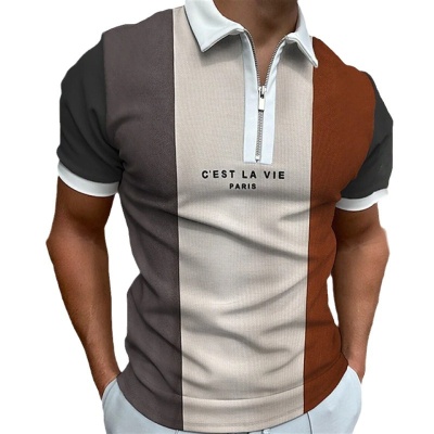 跨境外贸男士夏季短袖条纹拉链POLO衫男士休闲运动翻领高尔夫上衣