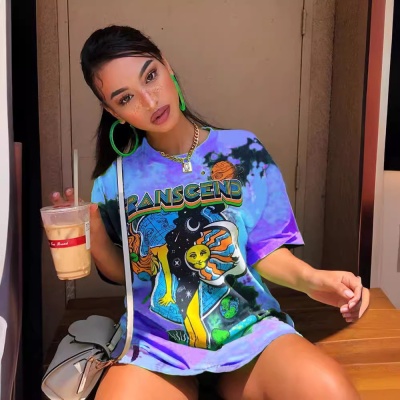 外贸夏独立站Wish亚马逊新款女装 涂鸦印花圆领短袖宽松型上衣t恤