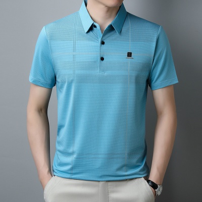 2023新款夏季男士冰丝POLO衫中年商务休闲时尚潮流男装条纹t恤男