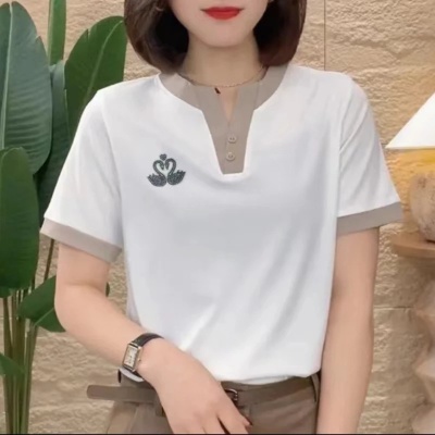 简约显瘦时尚撞色小天鹅夏季短袖T恤衫韩版百搭休闲气质洋气上衣