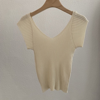 欧玛莱 纯欲风夏季时尚双V领短袖纯色修身显瘦针织衫上衣批发3215