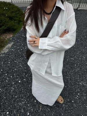 新款法式度假100%纯亚麻衬衣简约百搭慵懒宽松显瘦长袖衬衫女5401