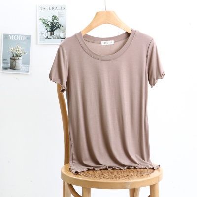 2025款百搭上衣圆领飞边木耳边短袖显瘦内搭通勤夏女T恤打底衫