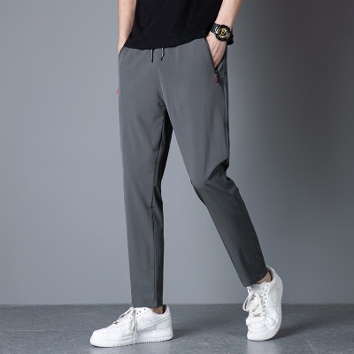 夏季冰丝长裤薄款透气冰凉弹力直脚直筒拉链男休闲裤速干运动裤男