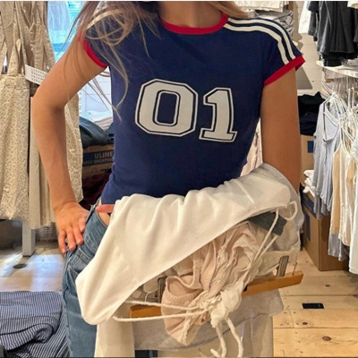 跨境外贸欧洲数字印花个性休闲女士上衣短款圆领街头时尚性感