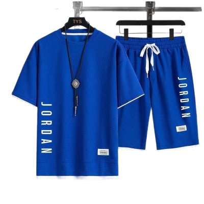 假两件华夫格t恤男士短袖夏季休闲运动套装宽松半袖T恤短裤两件套