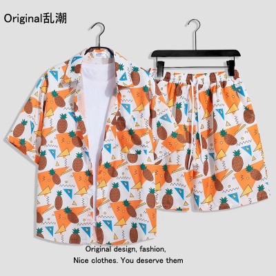 夏威夷沙滩度假风短袖套装男女学生宽松情侣短裤花衬衣休闲两件套