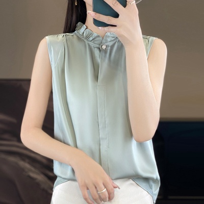 法式白色荷叶领内搭无袖雪纺t恤上衣叠穿洋气背心花边衬衣打底衫