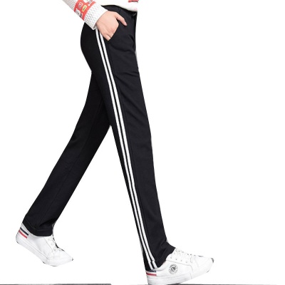 加工定制直筒休闲裤卫裤潮牌厂家运动裤女高腰棉两条杠显腿长