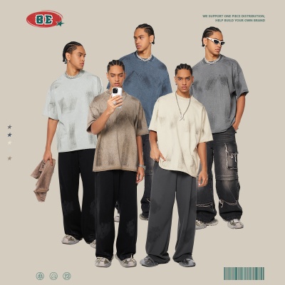BE男装2025春夏新品重磅水洗擦色vintage短袖男外贸男装boxyT恤男
