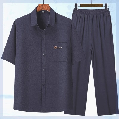 夏季薄款男士套装中老年人短袖衬衫男爷爷宽松衬衣爸爸夏装两件套